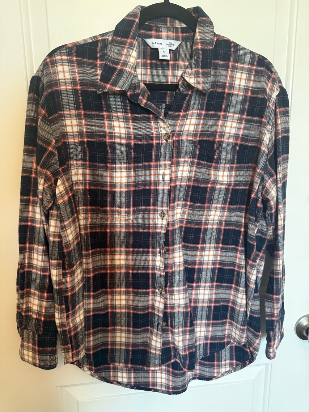 Old Navy Navy, Coral & White Plaid Flannel Shirt